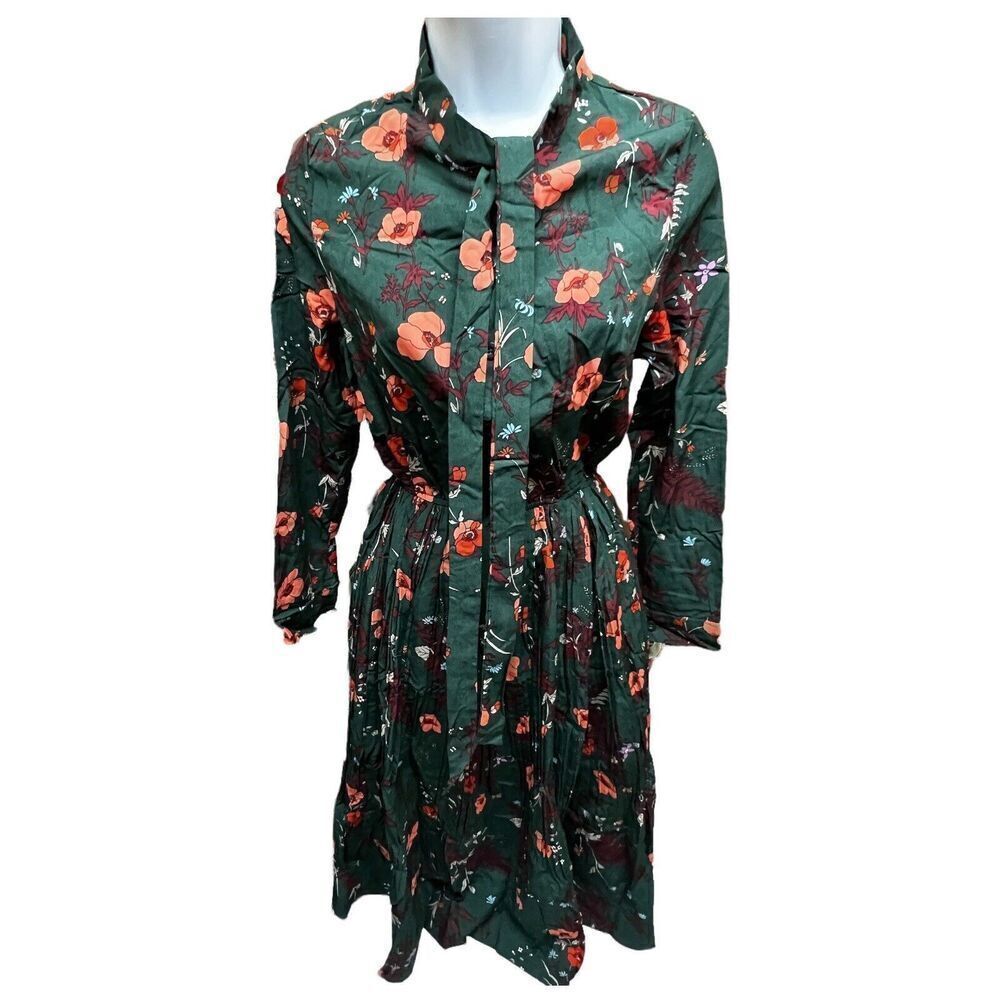 Floral Dress Women’s M Green Modest Long Sleeve Pleated Elastic Waist